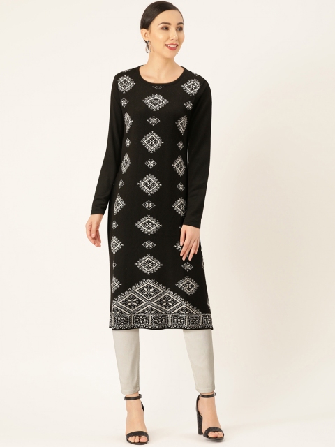 

American Eye Women Black & White Woven Design Straight Winter Kurta
