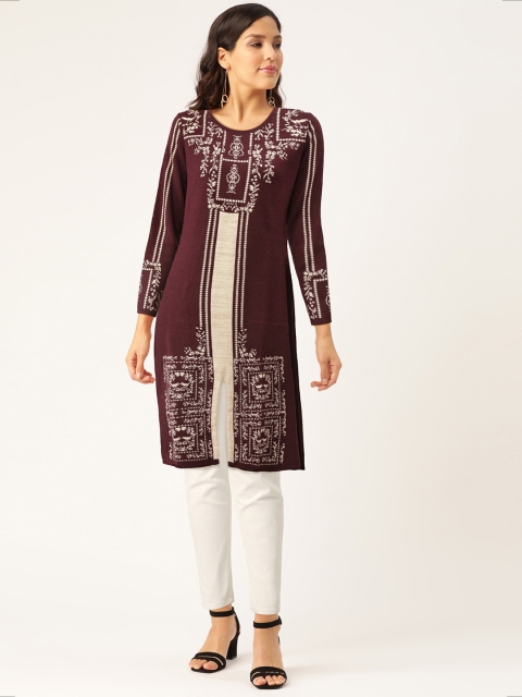 

American Eye Women Burgundy & Off-White Woven Design Knitted Straight Winter Kurta