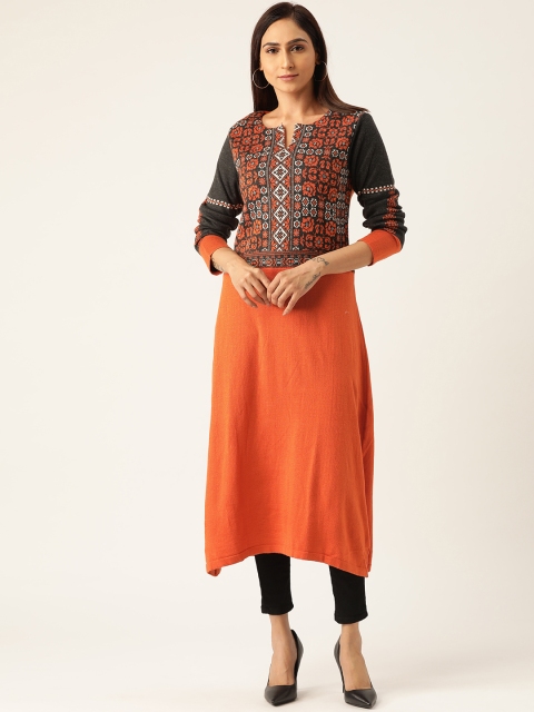 

American Eye Women Orange & Charcoal Grey Yoke Design Straight Winter Kurta