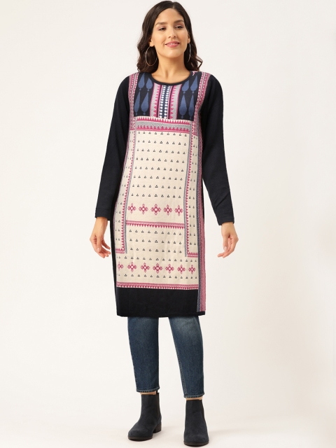 

American Eye Women Navy Blue & White Geometric Woven Design Straight Winter Kurta