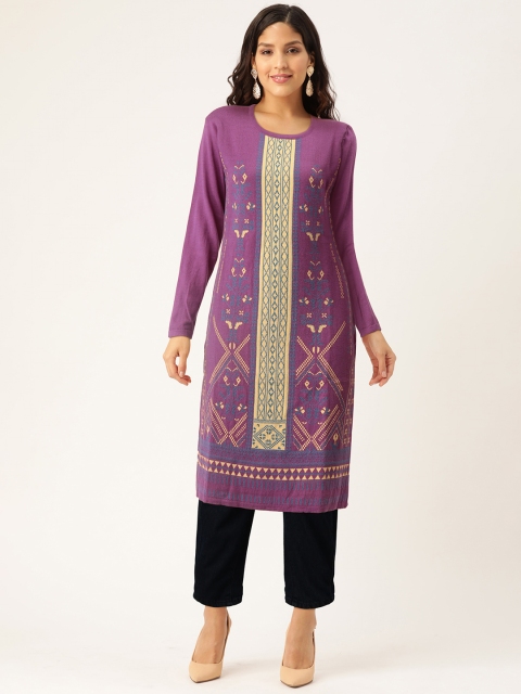 

American Eye Women Purple & Beige Woven Design Straight Winter Kurta
