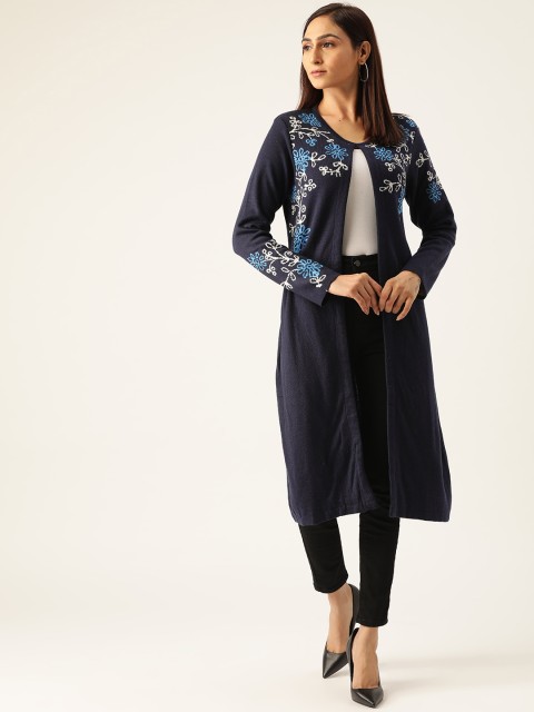 

American Eye Women Navy Blue & White Floral Self Design Longline Sweater
