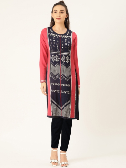 

American Eye Women Navy Blue & Pink Woven Design Straight Winter Kurta