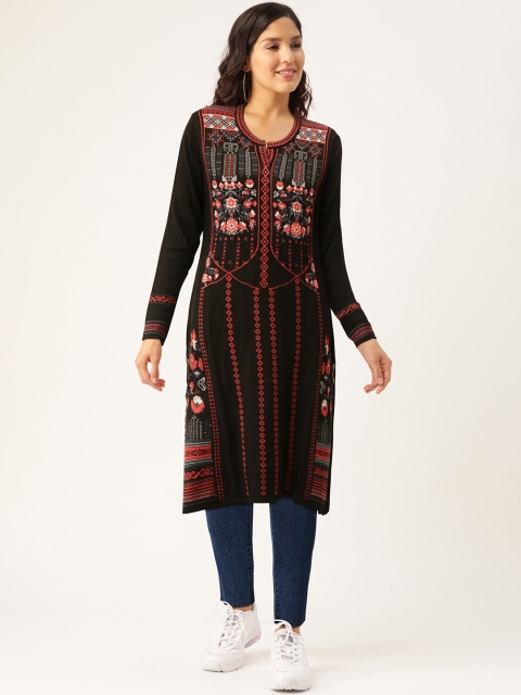 

American Eye Women Black & Pink Woven Design Winter Straight Kurta