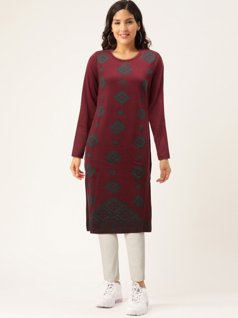 

American Eye Women Maroon & Green Woven Design Straight Winter Kurta