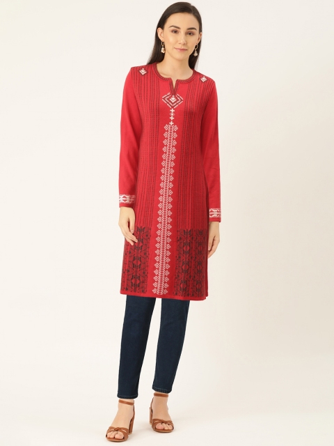 

American Eye Women Red & Charcoal Grey Woven Design Knitted Straight Winter Kurta