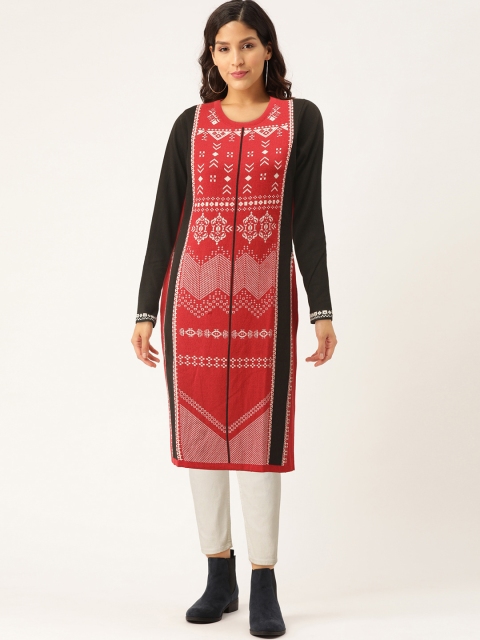 

American Eye Women Red & White Woven Design Knitted Straight Winter Kurta