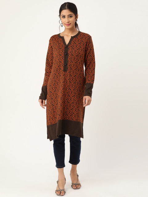 

American Eye Women Brown & Orange Ethnic Motifs Knitted Winter Kurta