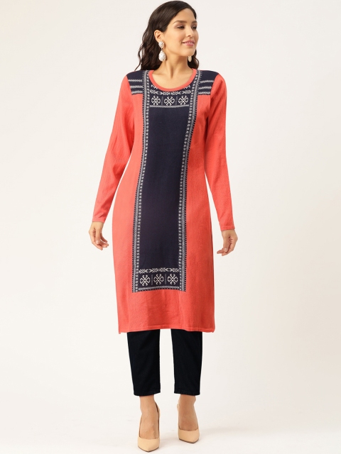 

American Eye Women Coral Pink & Navy Blue Woven Design Knitted Straight Winter Kurta