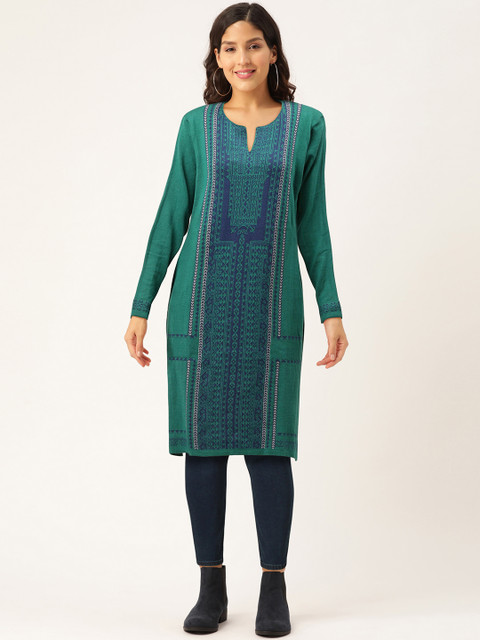 

American Eye Women Green & Blue Woven Design Straight Winter Kurta