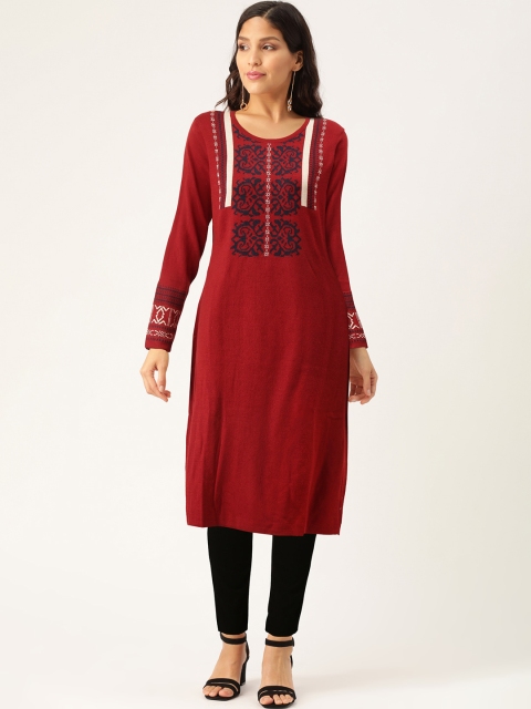 

American Eye Women Maroon & Navy Blue Woven Design Knitted Straight Winter Kurta