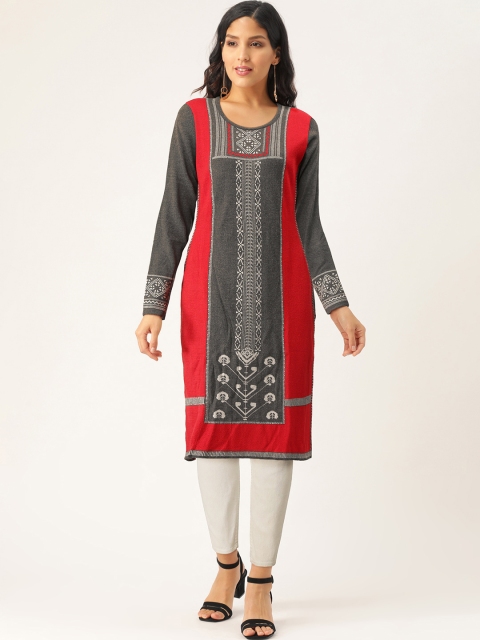 

American Eye Women Red & Charcoal Grey Woven Design Knitted Straight Winter Kurta