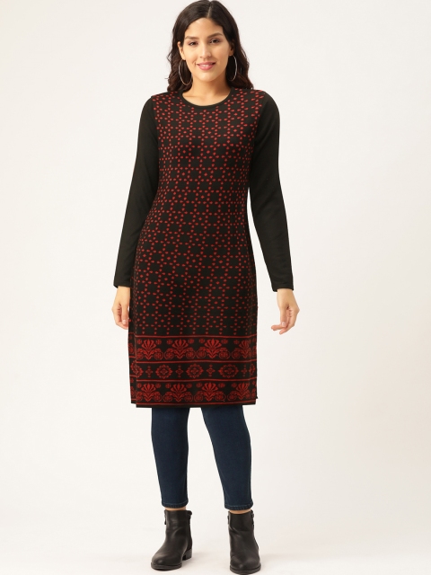 

American Eye Women Black & Red Woven Design Straight Winter Kurta