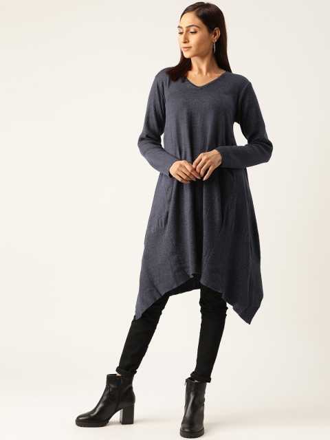 

American Eye Women Navy Blue Solid Knitted Asymmetric Tunic