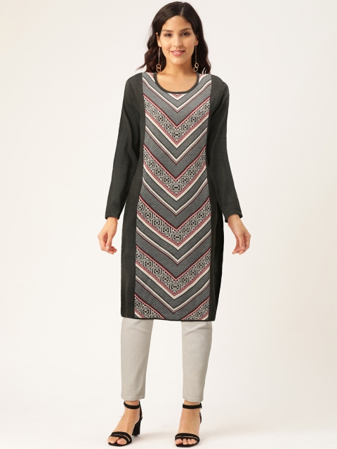 

American Eye Women Charcoal Grey & White Geometric Woven Design Straight Winter Kurta