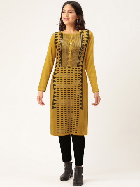 

American Eye Women Mustard Yellow & Navy Blue Woven Design Straight Winter Kurta