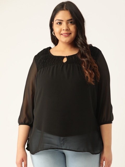 

Revolution Women Plus Size Black Smocked Semi-Sheer Solid Top