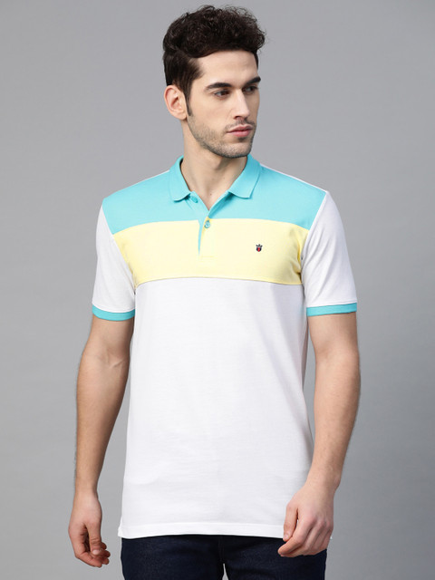 

Louis Philippe Jeans Men White & Yellow Colourblocked Polo Collar T-shirt