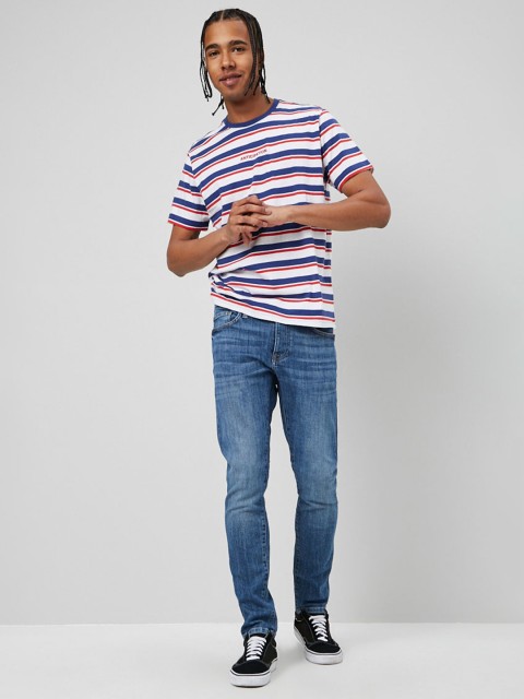 

FOREVER 21 Men White & Blue Striped Cotton T-shirt