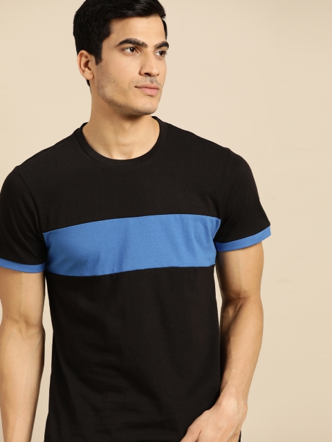 

ether Men Black & Blue Striped Pure Cotton Round Neck T-shirt
