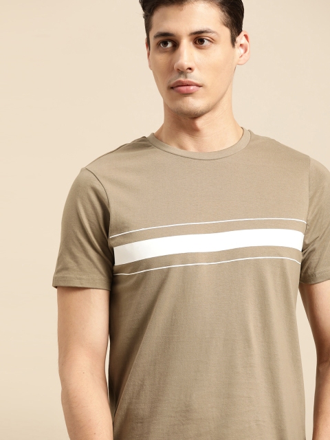 

ether Men Taupe Striped Pure Cotton Round Neck T-shirt