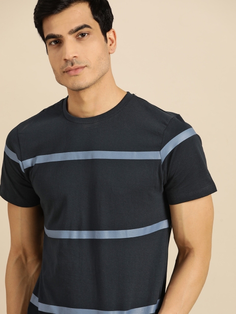 

ether Men Navy Blue Striped Pure Cotton Round Neck T-shirt