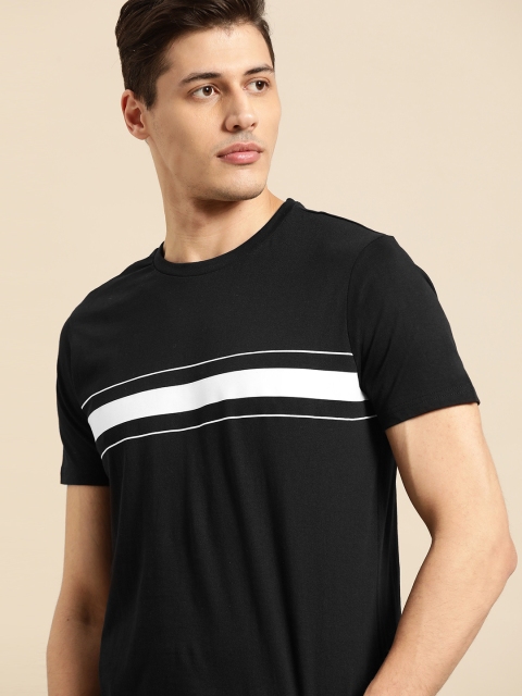 

ether Men Black Striped Pure Cotton Round Neck T-shirt