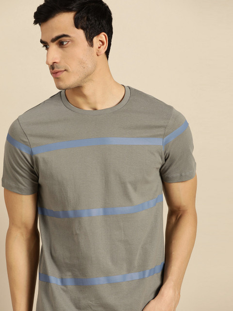

ether Men Grey & Blue Striped Pure Cotton Round Neck T-shirt