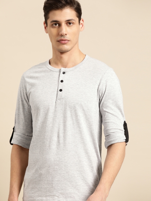

ether Men Grey Melange Solid Henley Neck T-shirt