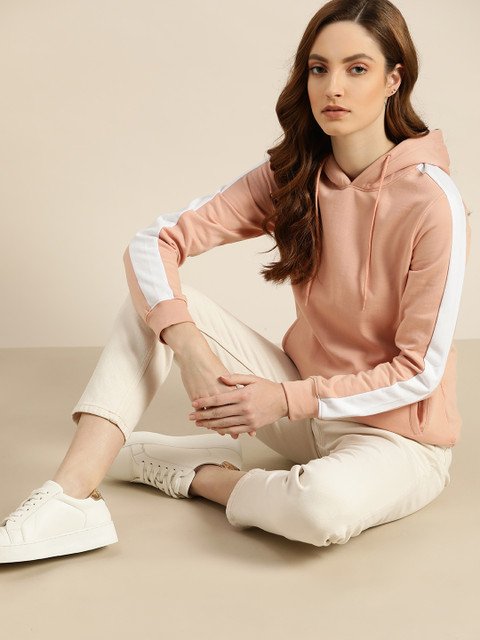 

ether Women Peach-Coloured Solid Hooded Sweatshirt