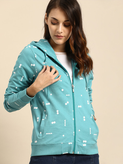 

ether Women Blue & White Printed Hooded Front-Open Sweatshirt