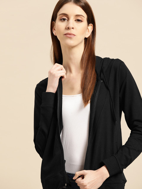 

ether Women Black Pure Cotton Solid Hooded Sweatshirt