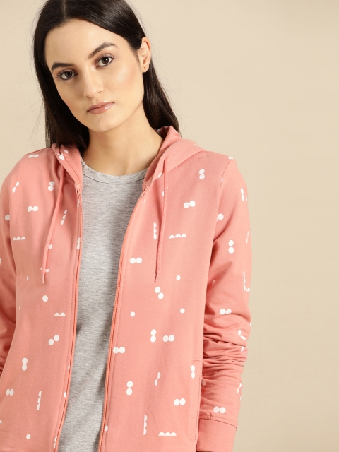 

ether Women Pink & White Pure Cotton Printed Hooded Sweatshirt