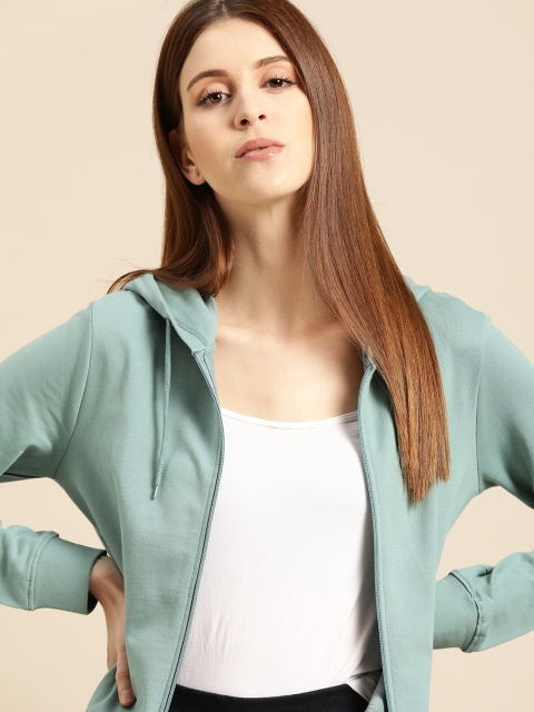 

ether Women Green Pure Cotton Solid Hooded Sweatshirt