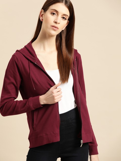 

ether Women Burgundy Pure Cotton Solid Hooded Sweatshirt