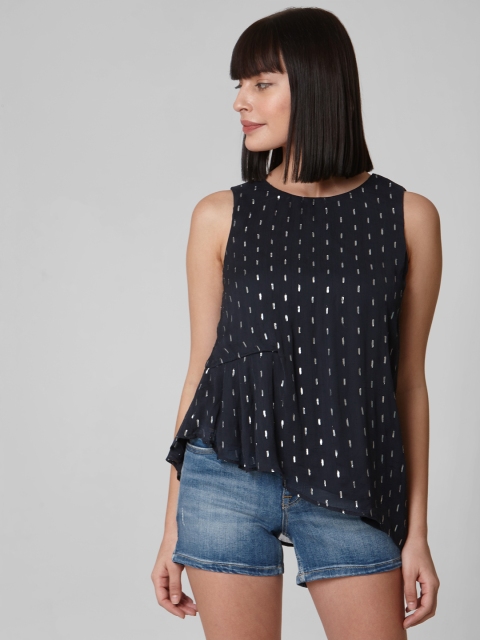 

Vero Moda Women Navy Blue & Silver Self Design Asymmetric A-Line Top