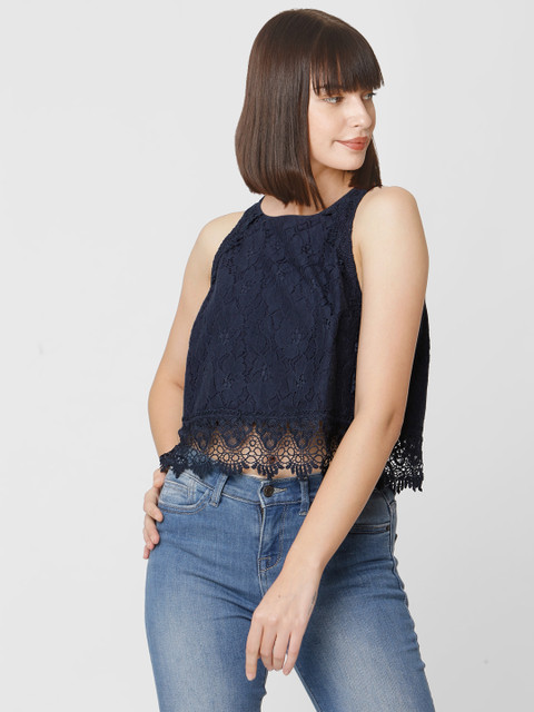 

Vero Moda Women Navy Blue Lace Cropped A-Line Top