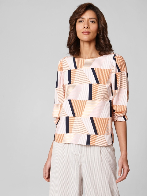 

Vero Moda Women White & Peach-Coloured Printed Top