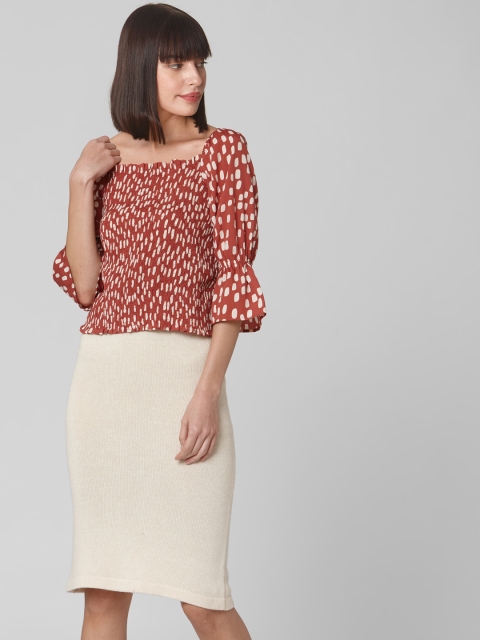 

Vero Moda Women Rust Red & White Smocked Printed Top