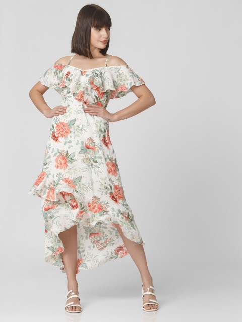

Vero Moda Women White & Orange Floral Print A-Line Dress