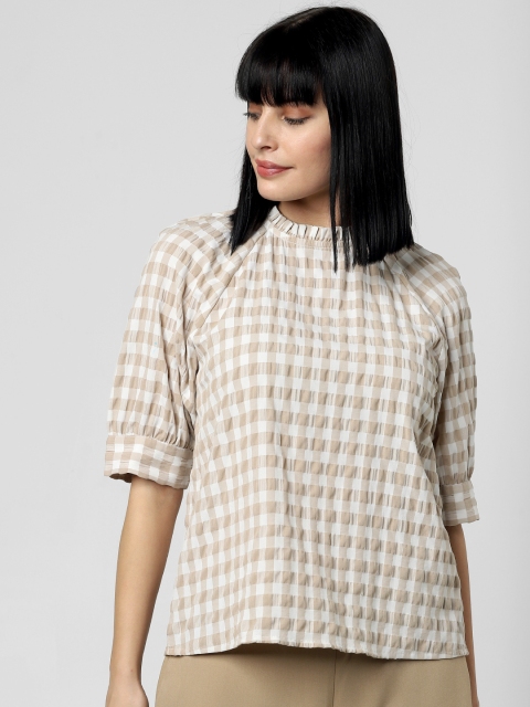 

Vero Moda Women White & Beige Checked Top