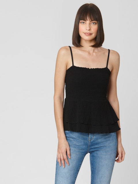 

Vero Moda Women Black Smocked Detailed Solid A-Line Top