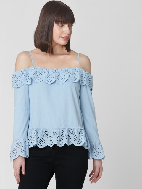 

Vero Moda Women Blue Solid Schiffli Detail Layered Bardot Pure Cotton Top