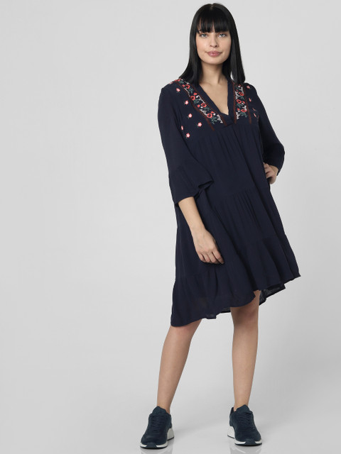 

Vero Moda Women Navy Blue Embroidered Asymmetric Tiered A-Line Dress