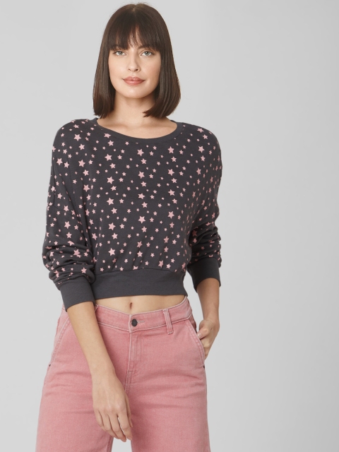 

Vero Moda Women Charcoal Grey & Pink Star Print Crop Sweatshirt