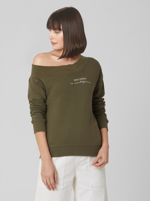 

Vero Moda Women Olive Green One-Shoulder Solid Sweatshirt