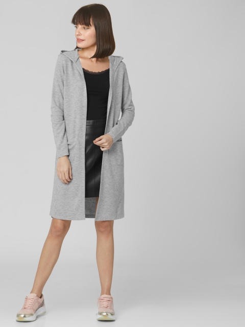 

Vero Moda Women Grey Melange Solid Hooded Open Front Longline Sweater