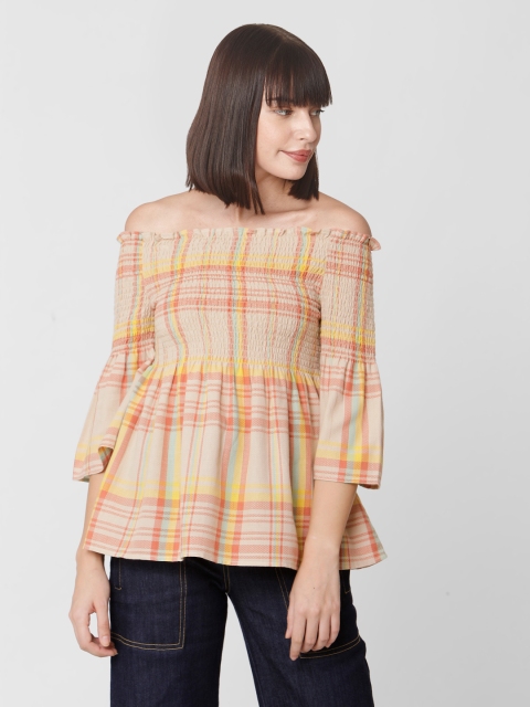 

Vero Moda Women Peach-Coloured & Orange Checked Off-Shoulder Smocked A-Line Pure Cotton Top