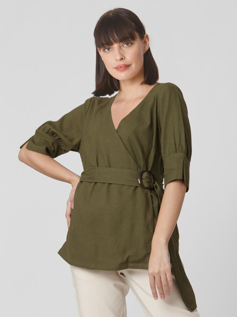 

Vero Moda Women Olive Green Solid Wrap Top