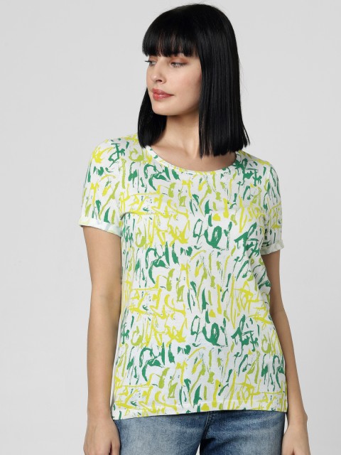 

Vero Moda Women White & Green Abstract Printed Round Neck T-shirt